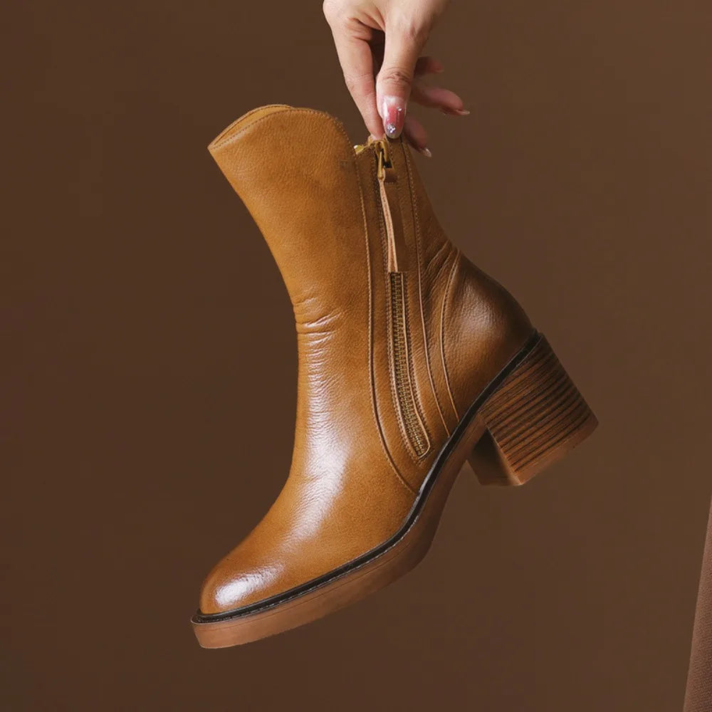 Women's Boots 2025 Spring and Autumn New Chelsea Boots Thick Heel Brown Short Leather Shoes for Women High Heels platform shoes