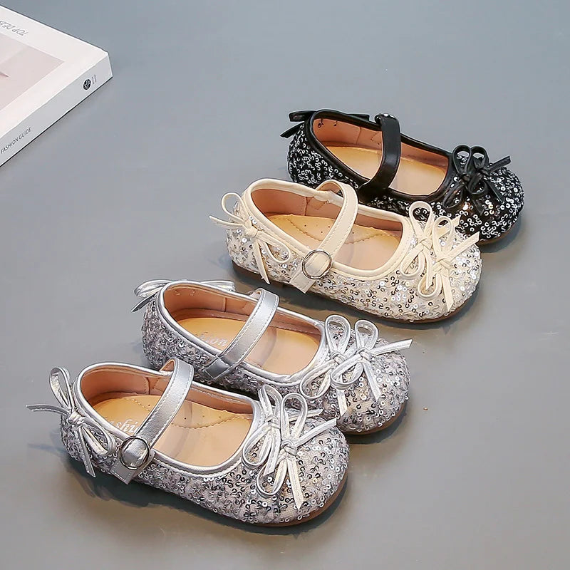 Girls' shoes Princess shoes for girls spring and autumn new models sequins soft sole leather shoes