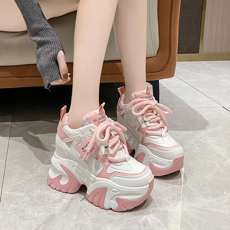 Women Walking Sneakers 2025 Spring Lace-up High Platform Chunky Shoes Breathable Leather Shoes 10CM Wedge Heels Casual Shoes