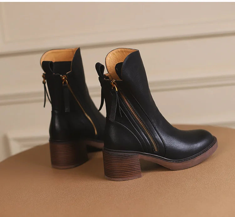 Women's Boots 2025 Spring and Autumn New Chelsea Boots Thick Heel Brown Short Leather Shoes for Women High Heels platform shoes