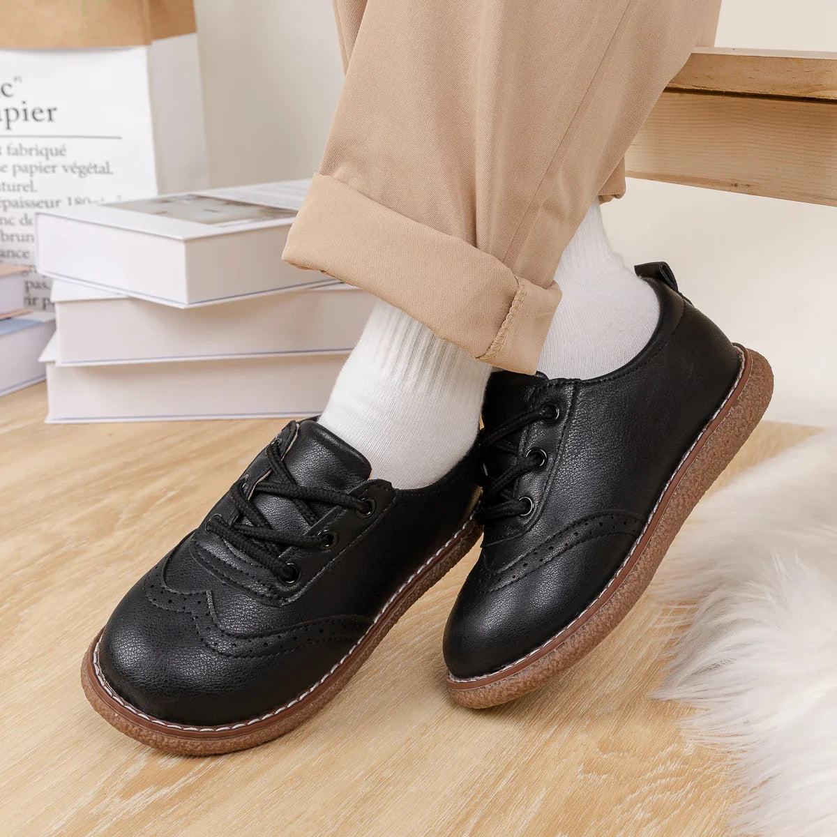 KIDSUN Children Retro Casual Leather Shoes Comfortable Breathable Rubber Soft Anti-Slip Flat Sole Lace Up Solid Color Flats Shoe
