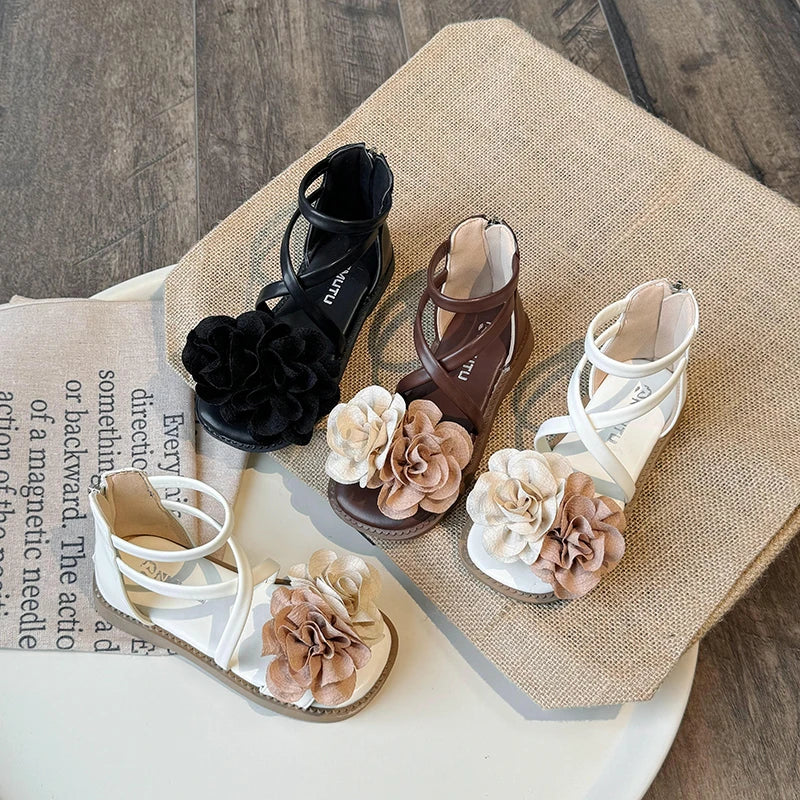 Girls' Sandals 2025 Summer New Children's Flower Princess Shoes Medium Large Children's Soft Bottom High Butt Roman Shoes