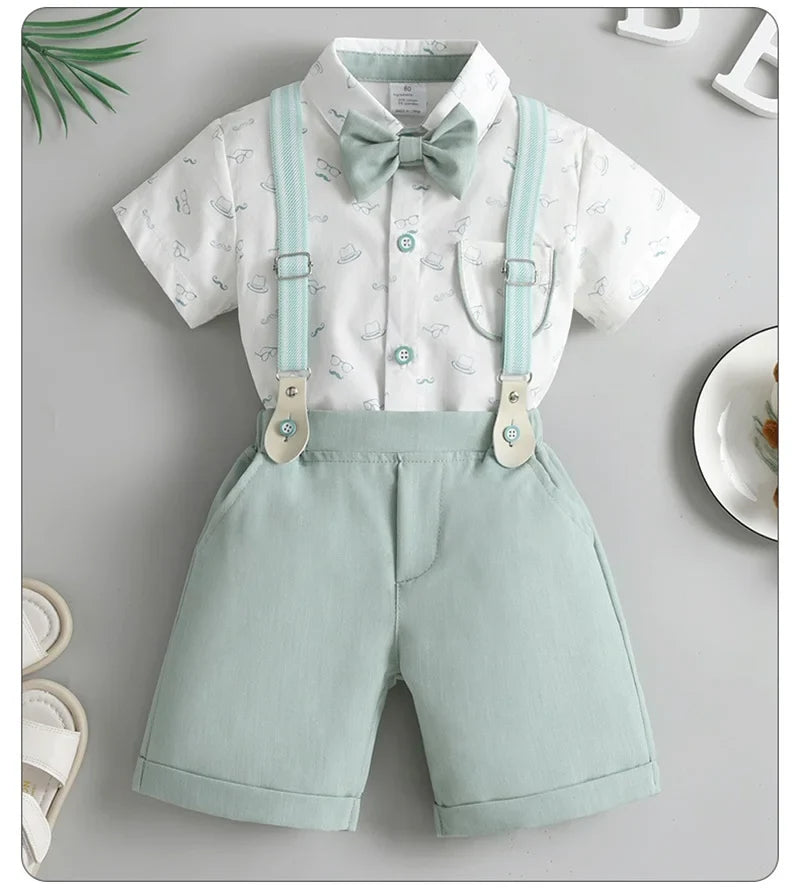 1-6Y Summer  Baby Boys Formal Costume Short Sleeve Bow Tie T-Shirt+Suspender Shorts Wedding Parties Festivals Gentleman Clothing