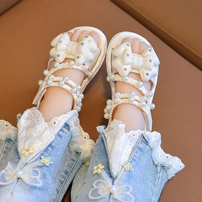 New Summer Bow Pearl Ornament Flat Sandals For Girls Aged 1-7 Children Slippers Non-slip Outdoors Seabeach Flip Flops Kids Shoes