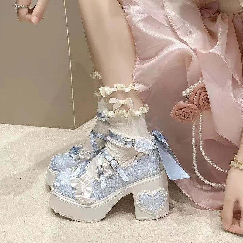 New Princess Shoes with Elegant Temperament Soft Sole Lace Lolita Original Thick Heel Height Increasing Mary Jane Single Shoe