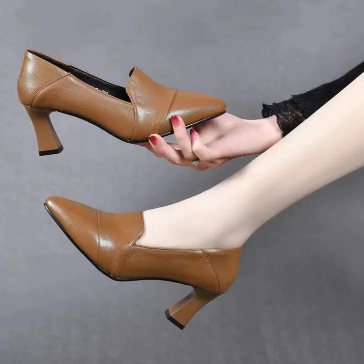 New Women Pumps Pu Leather Work Shoes Soft Chumly High Heels Women Pointed Toe Pumps Casual Slip on Solid Heels Women Shoes