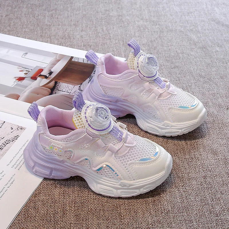 Girls Sneakers with Sweet Flowers Children Running Shoes Rotating Button 2025 New Kids Sports Shoes Princess Style Comfortable
