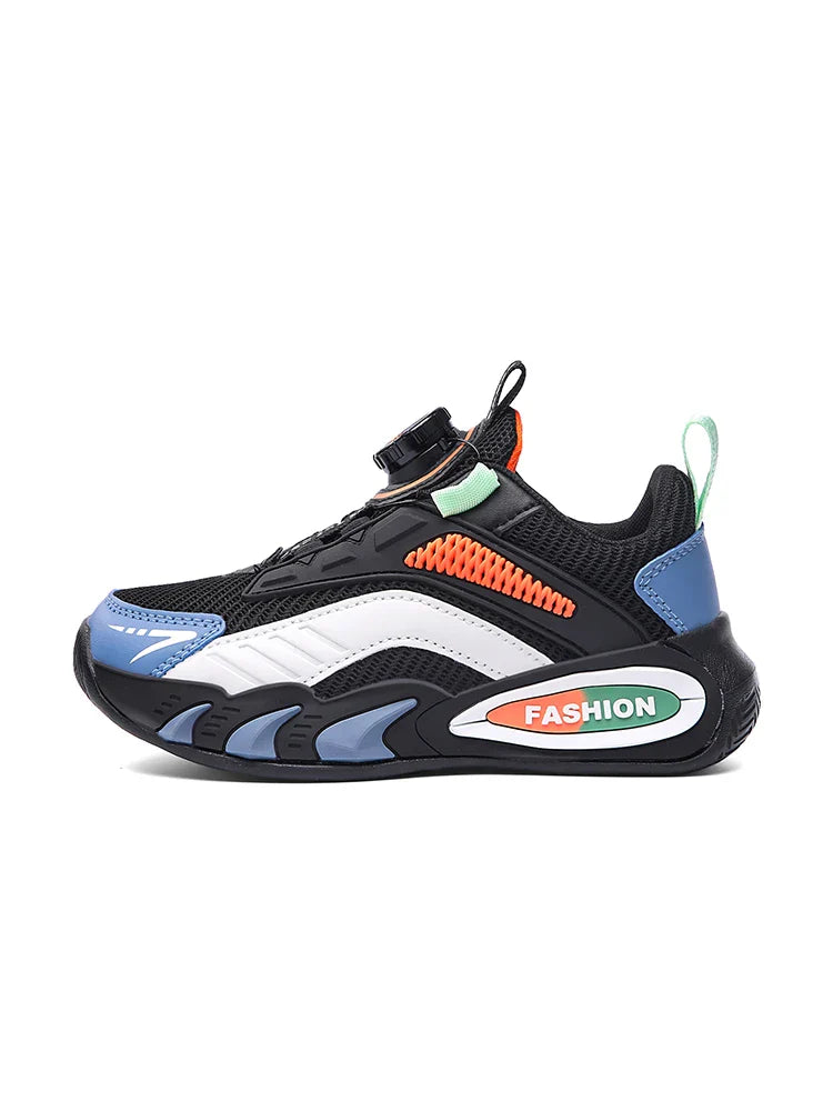 Boys' New Trendy Color-Blocked Mesh Sneakers with Knob Buckle, Dad Shoe Style Breathable Children's Shoes, Spring and Autumn Campus Outdoor Non-Slip Running Shoes, Casual Sports Trendy Shoes