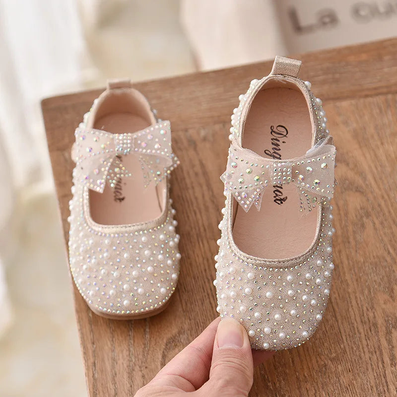 Girl's Princess Shoes Children's Fashion Bow Rhinestone Leather Kids Shoe 2025 New Baby Girls Party Student Flat Shoes