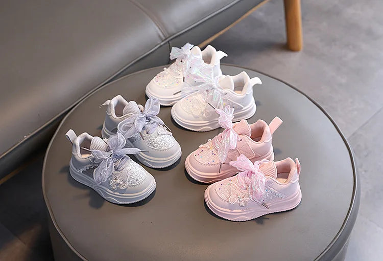 Baby Girl's Casual Sneakers for Spring Fall Shiny Sequins & Bow Ribbon Decor Sports Shoes Kids Skate Shoes