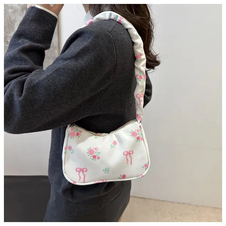 Women's Bags 2025 Summer Nylon Pleated Handbags Armpit Bag Korean Floral Bow Printed Zipper Tote Bag Female Small Shoulder Bags