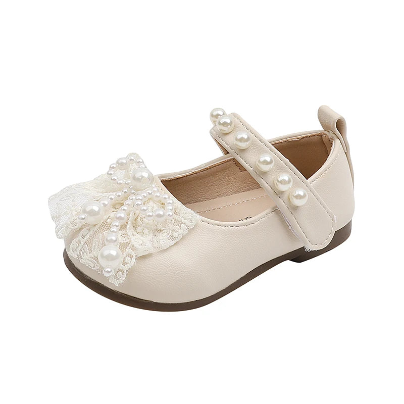 Baby Princess Leather Shoes with Lace Bows Beading Kids Flat Shoes Round Toes 2025 Autumn New Girls Casual Walking Shoes Soft