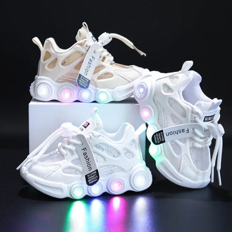 Sneakers Kids Fashion LED Light Shoes Letter Webbing Mesh Breathable1-6years Old Luminous Shoes Casual Sports Shoes Boys Shoes