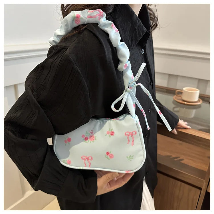 Women's Bags 2025 Summer Nylon Pleated Handbags Armpit Bag Korean Floral Bow Printed Zipper Tote Bag Female Small Shoulder Bags