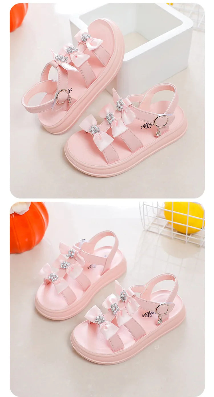 Girls Sandals with Sweet Bows Soft Sole Kids Beach Shoes Versatile 2025 Summer New Children Princess Shoes Casual Non-slip Cute
