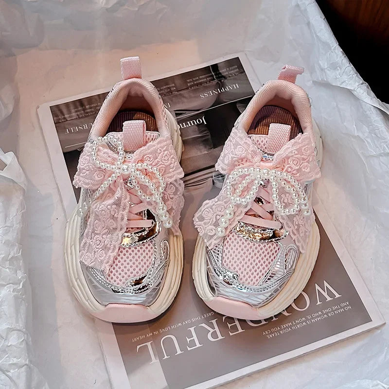 Girls Running Shoes with Sweet Mesh Bow Kids Sports Shoes Breathable 2025 New Fashion Children Sneakers Princess Style Cute