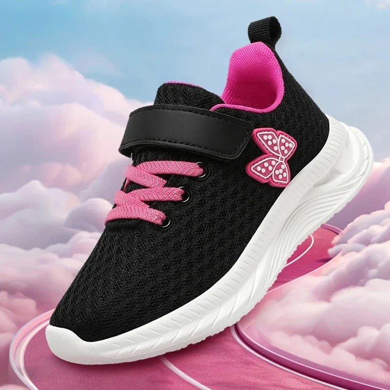Girls Sports Running Shoes with Velcro Breathable Mesh Casual Sneakers Toddler Girl Lightweight Walking Shoes Non-Slip Sole