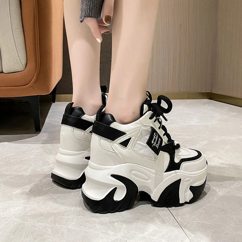 Women Walking Sneakers 2025 Spring Lace-up High Platform Chunky Shoes Breathable Leather Shoes 10CM Wedge Heels Casual Shoes