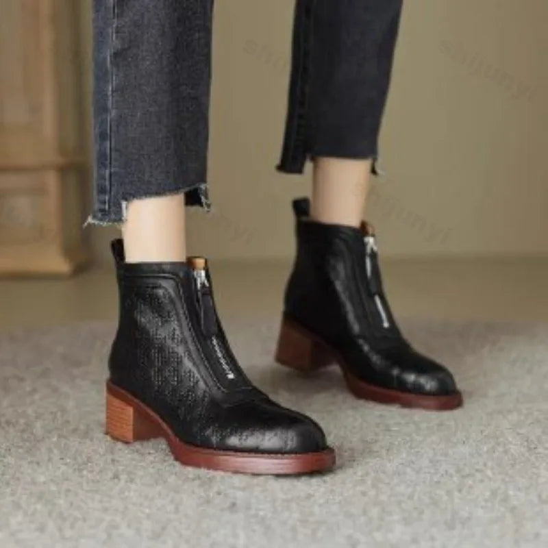 Women's Short Boots 2025 New Autumn Winter Zipper Vintage Chunky Heel Middle Heel Shoes Comfortable Warm Non Slip Fashion Boots