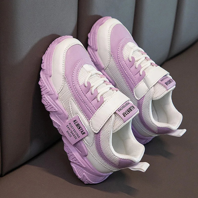 Spring New Kids Sneakers 2023 PU Girls Casual Mesh Solid Pink Light Boys White Hook & Loop Children Non-slip Sports Shoe Fas