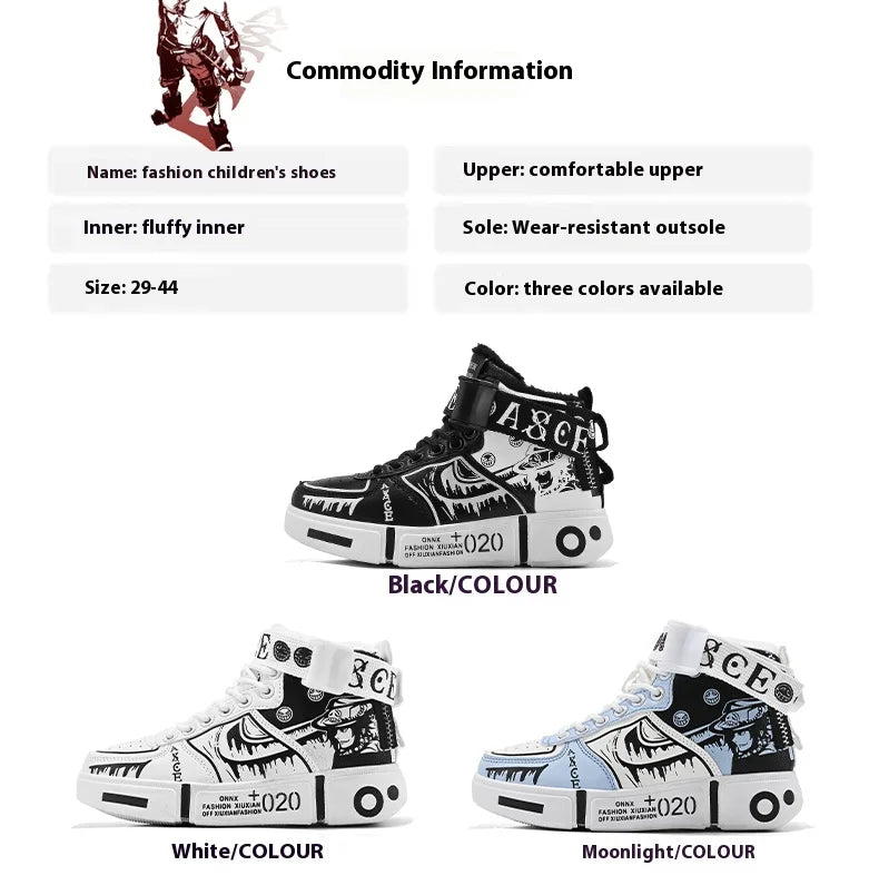 Boys' high-top sneakers Autumn/Winter new style children's sports shoes Buckle student soft-soled fleece casual shoes