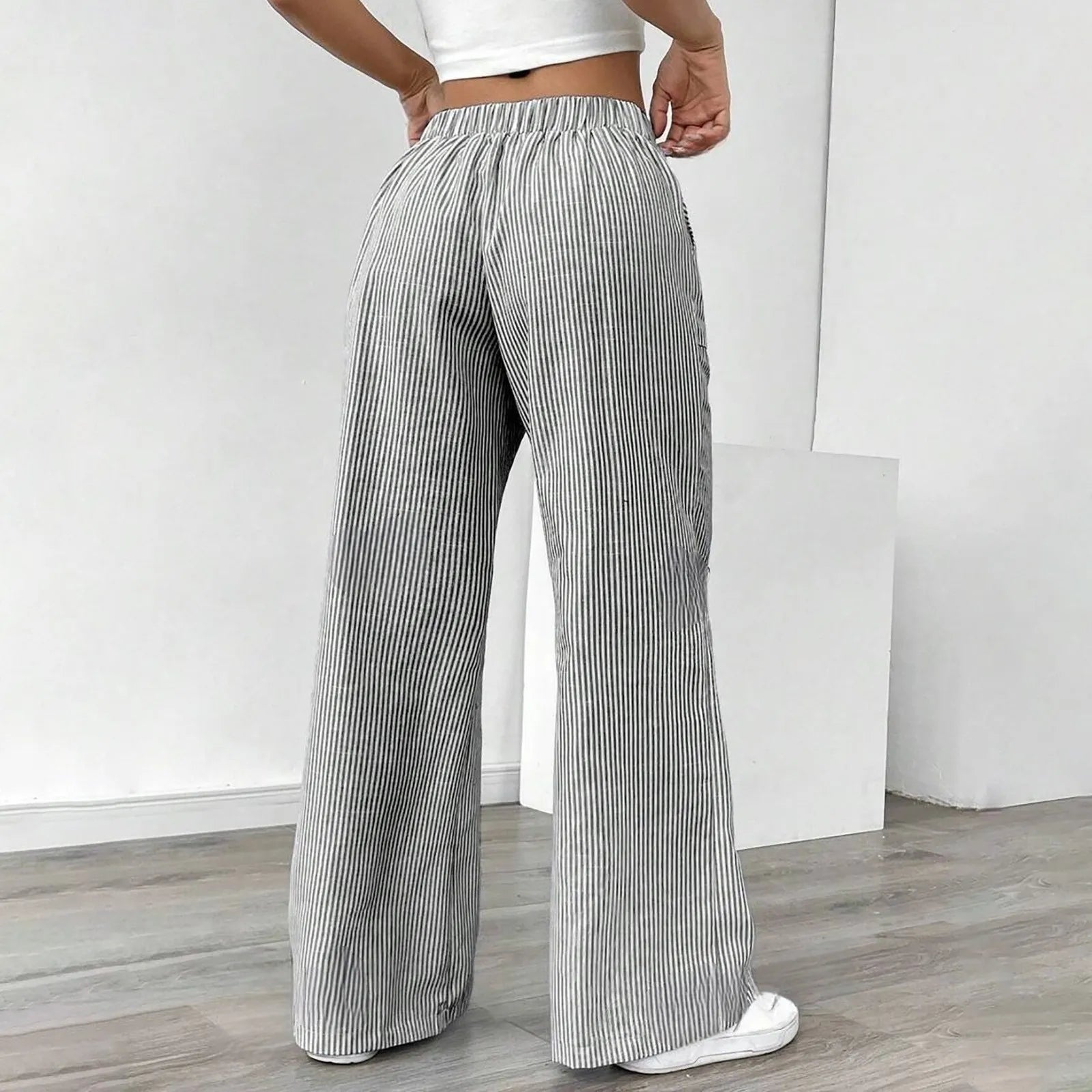 High Waist Pants For Women Elastic Waist Drawstring Wide Leg Casual Trousers With Pockets Soft Breathable Loose Knit Bottoms