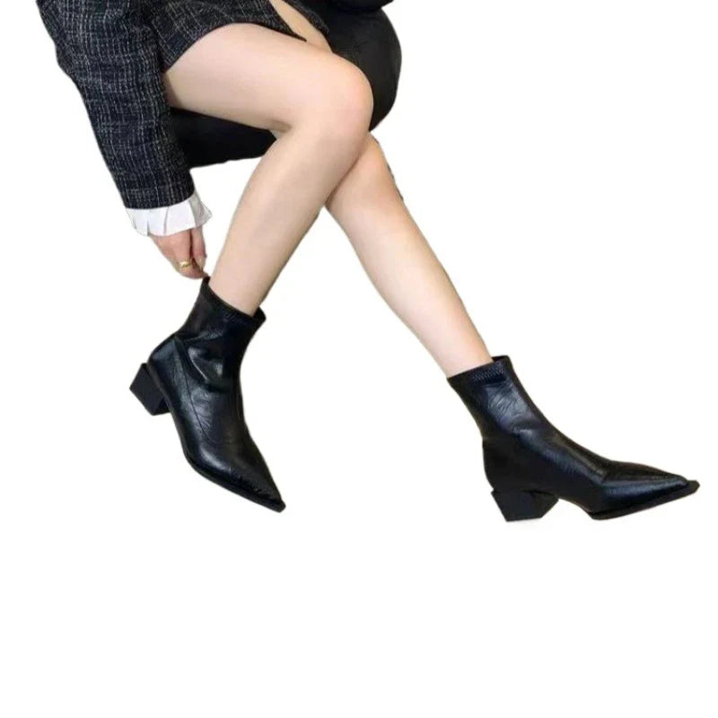 Women Pointed Ankle Boots Mid Heels Pointed Leather Sexy Chelsea Boots Trend Design Winter New Pumps Designer Short Botas Mujer