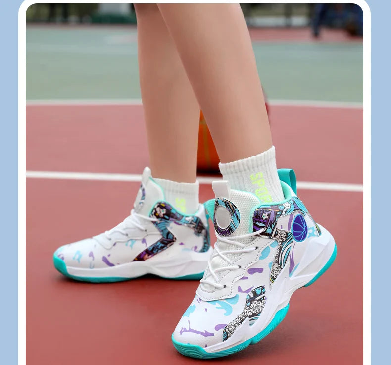 Fashion Basketball Shoes for Kids High-top Sneakers Children Casual Sports Shoes Ankle-protected Anti-slippery Gym Trainers Boys