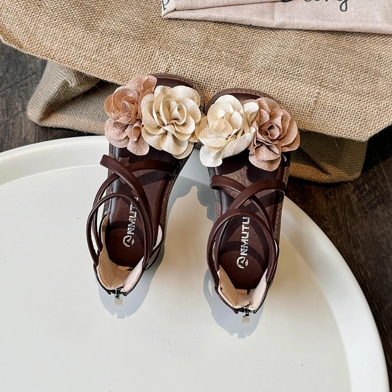 Girls' Sandals 2025 Summer New Children's Flower Princess Shoes Medium Large Children's Soft Bottom High Butt Roman Shoes