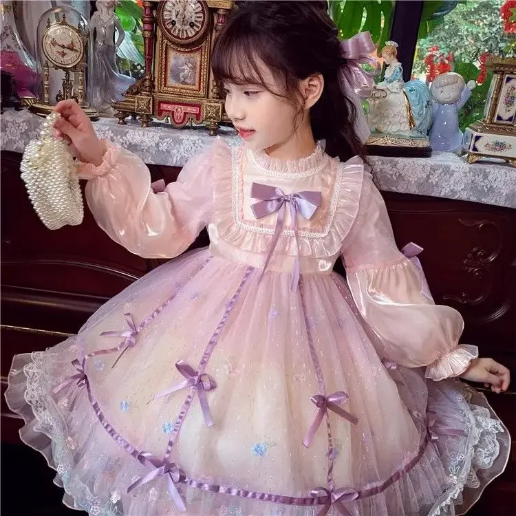 Girls Casual Dresses Princess Dress with Bow Mesh Puffed Sleeve Girls Clothes Wedding Princess Dress for Girls