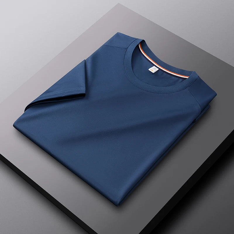 High quality solid color round neck men's short sleeved T-shirt 2024 summer comfortable silk ice feeling casual business
