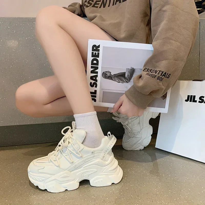 Platform Sneakers for Women Fashion White Lace Up Running Shoes Casual Comfortable Round Toe Chunky Sport Shoes Zapatos De Mujer