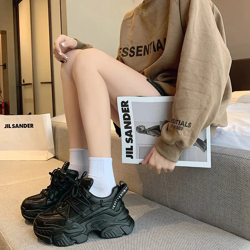 Platform Sneakers for Women Fashion White Lace Up Running Shoes Casual Comfortable Round Toe Chunky Sport Shoes Zapatos De Mujer