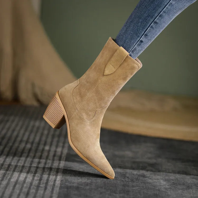 2022 New Autumn/winter Women's Boots Pointed Toe Chunky Heel Short Boots Cow Suede Western Boots Shoes for Women High Heels