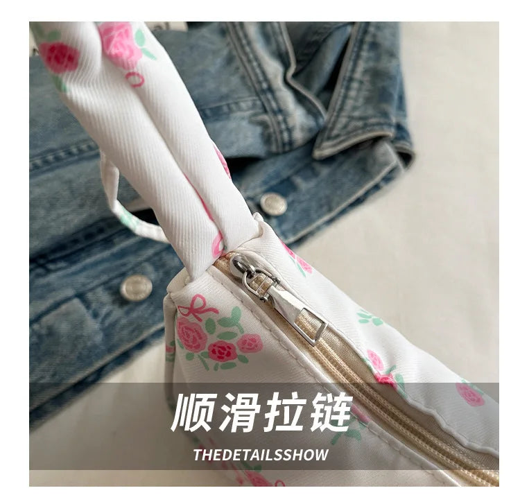 Women's Bags 2025 Summer Nylon Pleated Handbags Armpit Bag Korean Floral Bow Printed Zipper Tote Bag Female Small Shoulder Bags