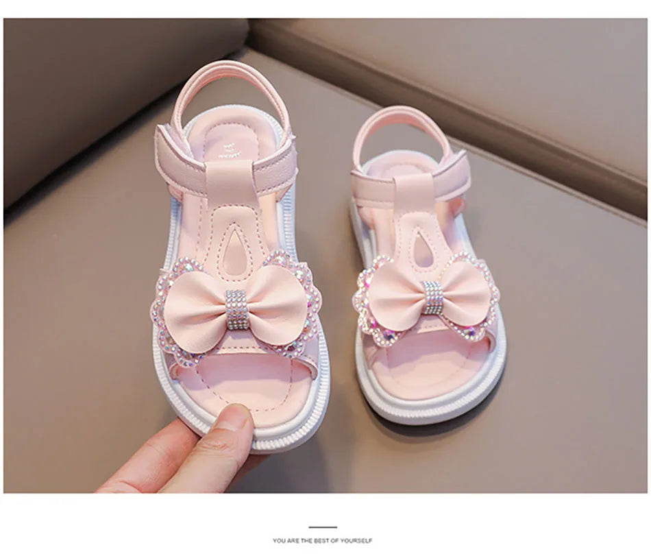 Adorable Elegant Girls Summer Casual Sandals Soft Soled Princess Style Kids Shoes Comfort Breath Anti Slip Magic Strap Closure