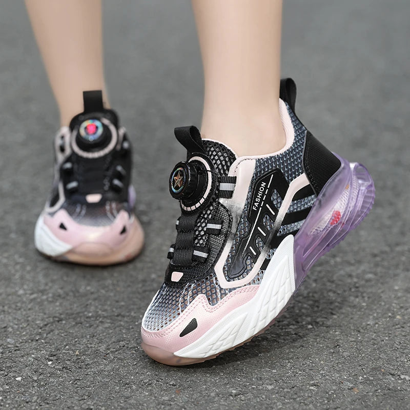 Children Fashion Sports Shoes Boys Girls Casual Rotary Buttons Outdoor Sneakers Breathable Soft Bottom Kids Mesh Running Shoes