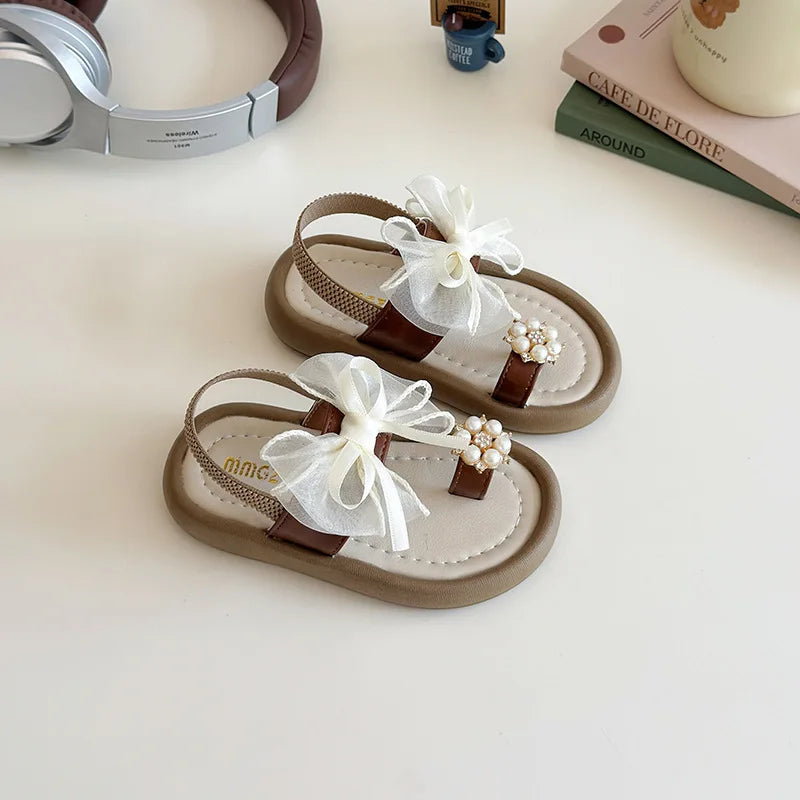 Summer Fashion Kids Platform Princess Shoes  Sandals Girls Rhinestone Straps Beach Shoes Soft Sole Ribbon Bow Versatile Sandals