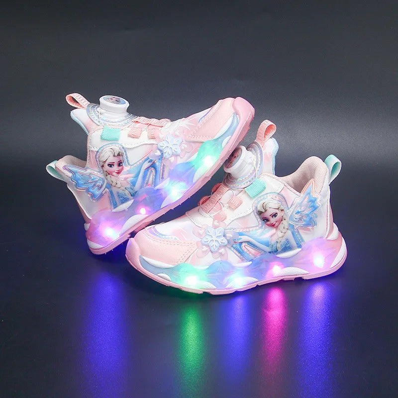 2025 Elsa Light-Up Girls Boots, Fleece-Lined Leather Sneakers for Kids Winter Running Shoes