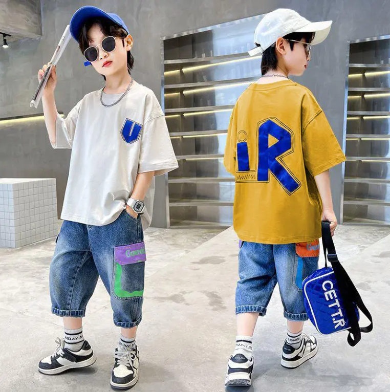 Summer Big Boys Clothes Short Sleeve Letter Loose T Shirt Denim Shorts 2Pcs Children Tracksuits Teenage Boys Clothing (Available)