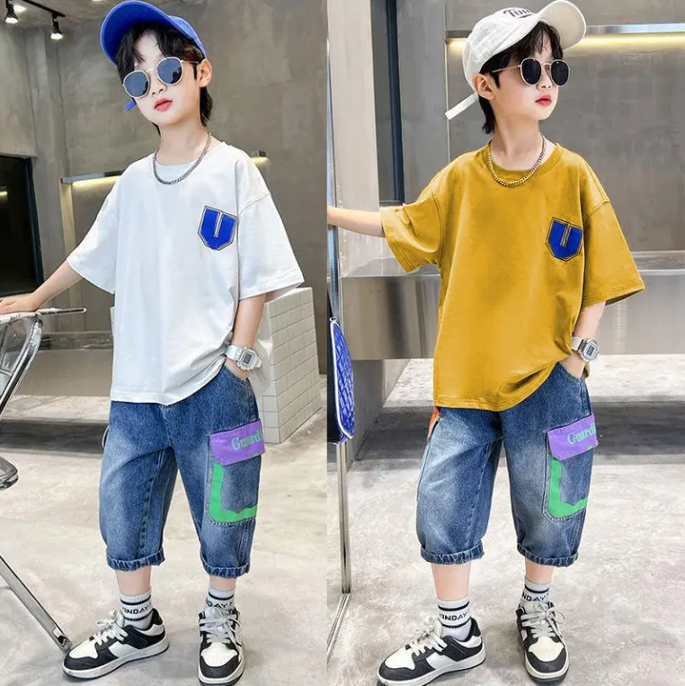 Summer Big Boys Clothes Short Sleeve Letter Loose T Shirt Denim Shorts 2Pcs Children Tracksuits Teenage Boys Clothing (Available)