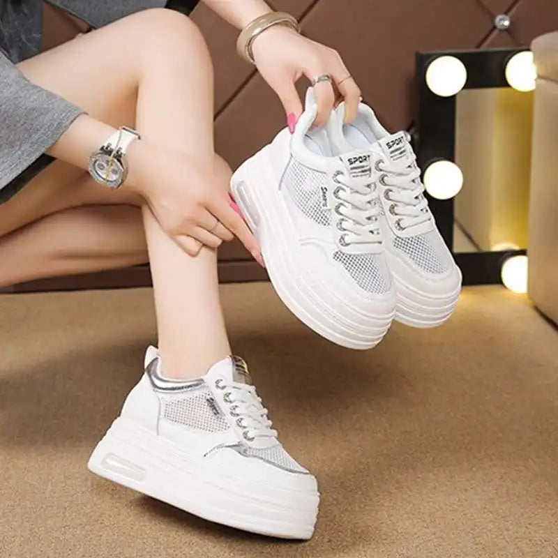 Women's White Chunky Sole Sneakers – Breathable Mesh Shoes with Thick Platform and Air Cushion for Casual Wear