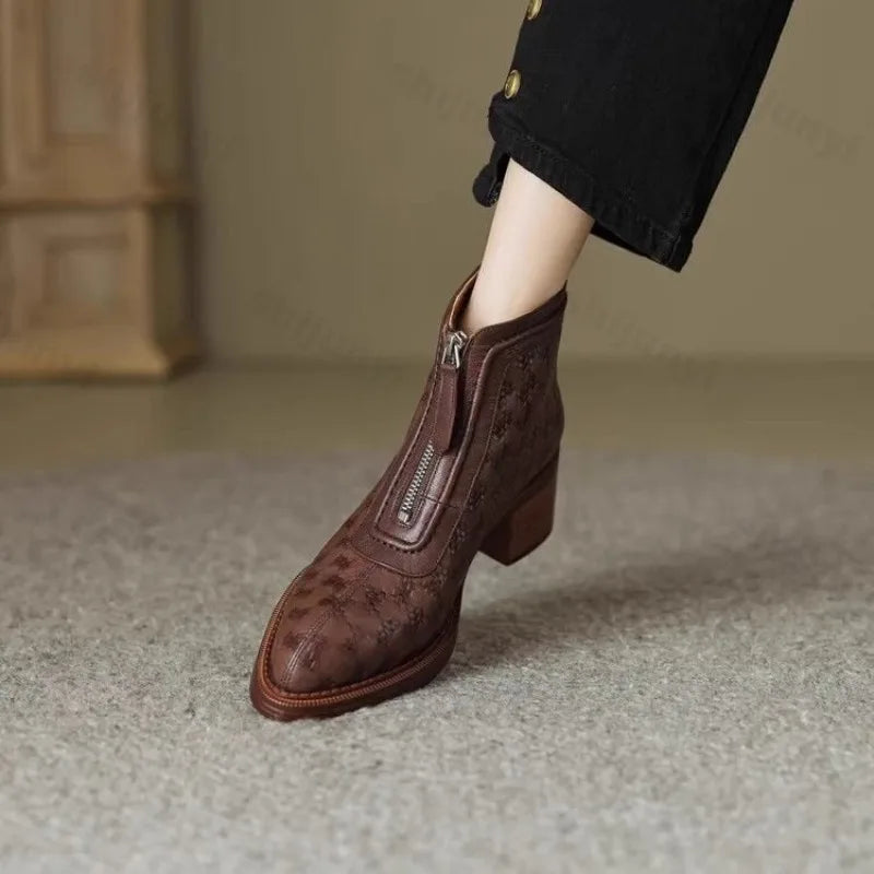 Women's Short Boots 2025 New Autumn Winter Zipper Vintage Chunky Heel Middle Heel Shoes Comfortable Warm Non Slip Fashion Boots