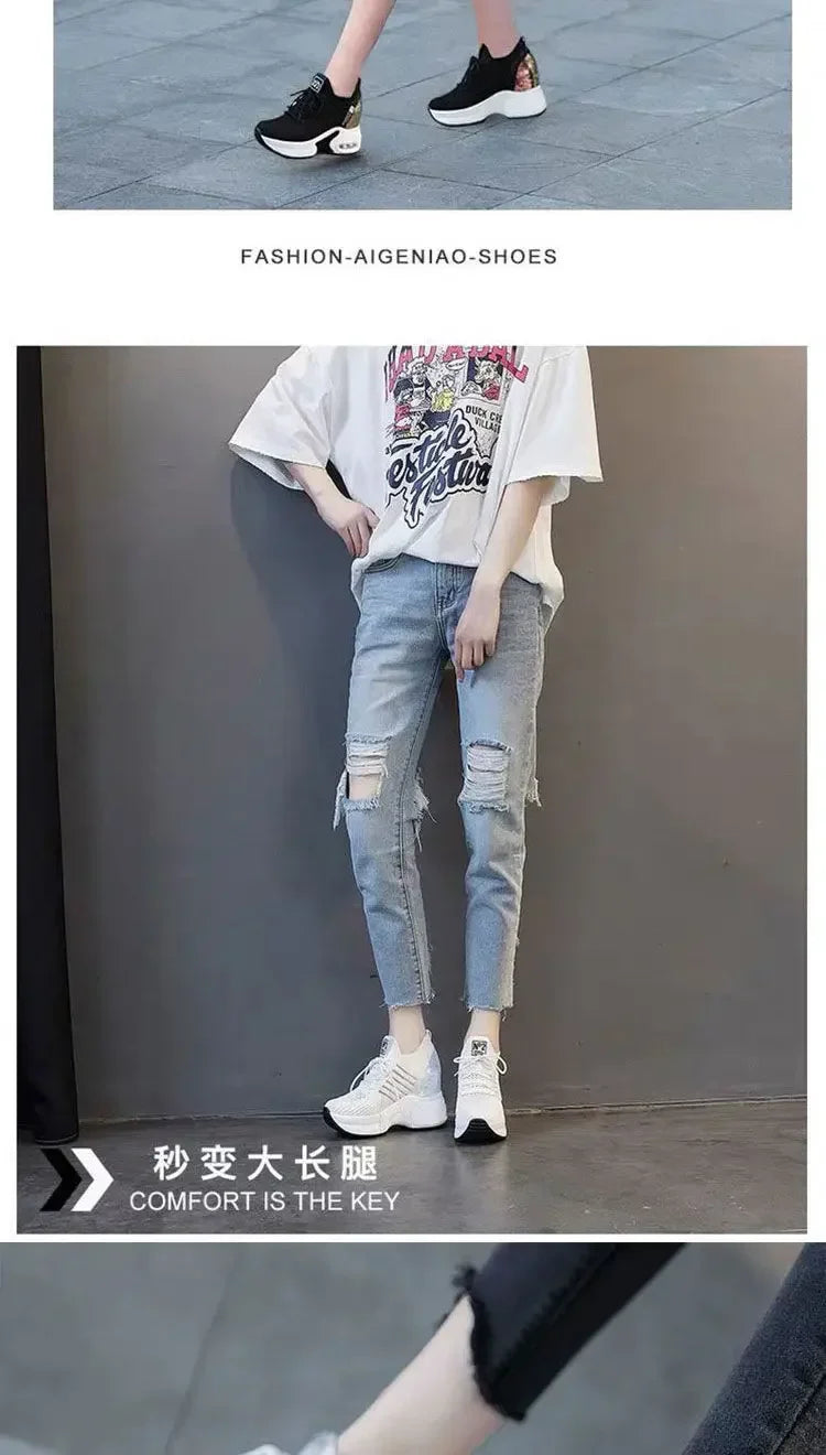 2025 Women's Sneakers Spring Sequined Casual Shoes Woman Platform Heels Wedges Height Increasing Knitted Ladies Vulcanized Shoes