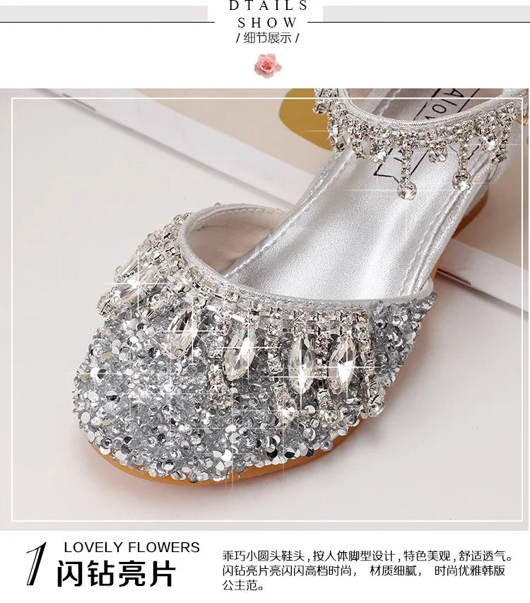 Girls' high-heeled princess shoes model catwalk show silver children's dress shoes shiny stage crystal sandals