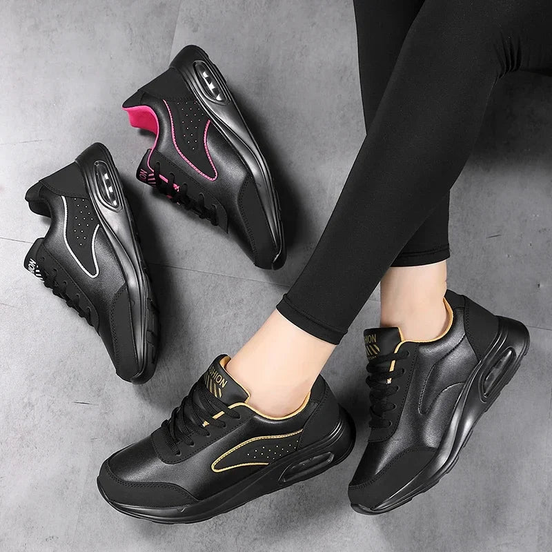 2025 New Women's Fashionable Sneakers Leather Women's Casual Shoes Lace Up Flat Shoes Ladies Lightweight Fitness Walking Shoes
