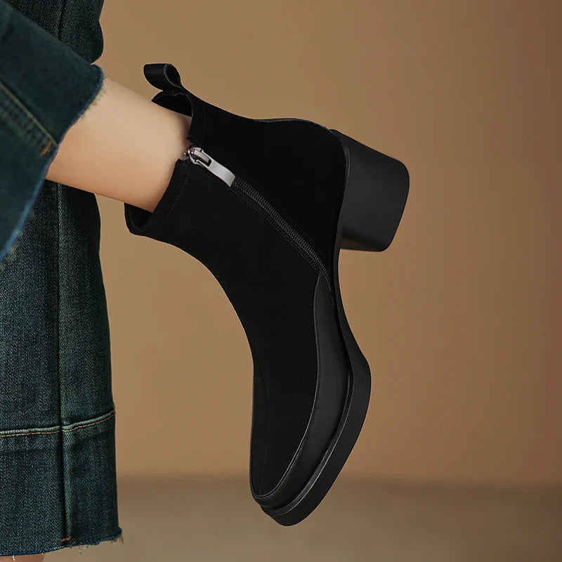 2025 New Women's Short Boots Genuine Leather Retro Chunky Heel High Heel Boots Female Large Size Pointed Toe Women Ankle Boots