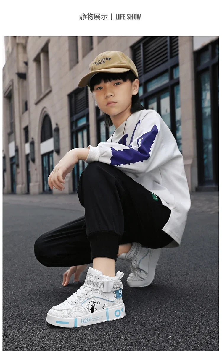 Brand Kids Board Shoes High Top Sports Shoes Boys Fashion Basketball Sneakers Leisure Girls Flats Children Casual Walking Shoes