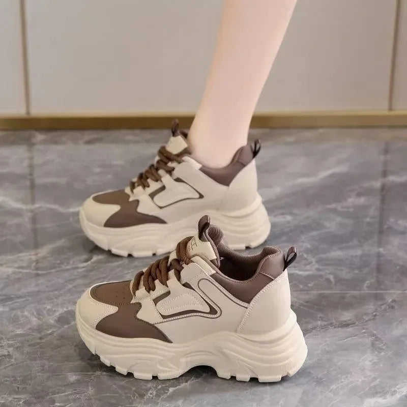 Women's 2026 Spring Sneakers with Thick Bottom and Leather Face High Inner Heel Shoes Comfortable for Sports and Casual Wear