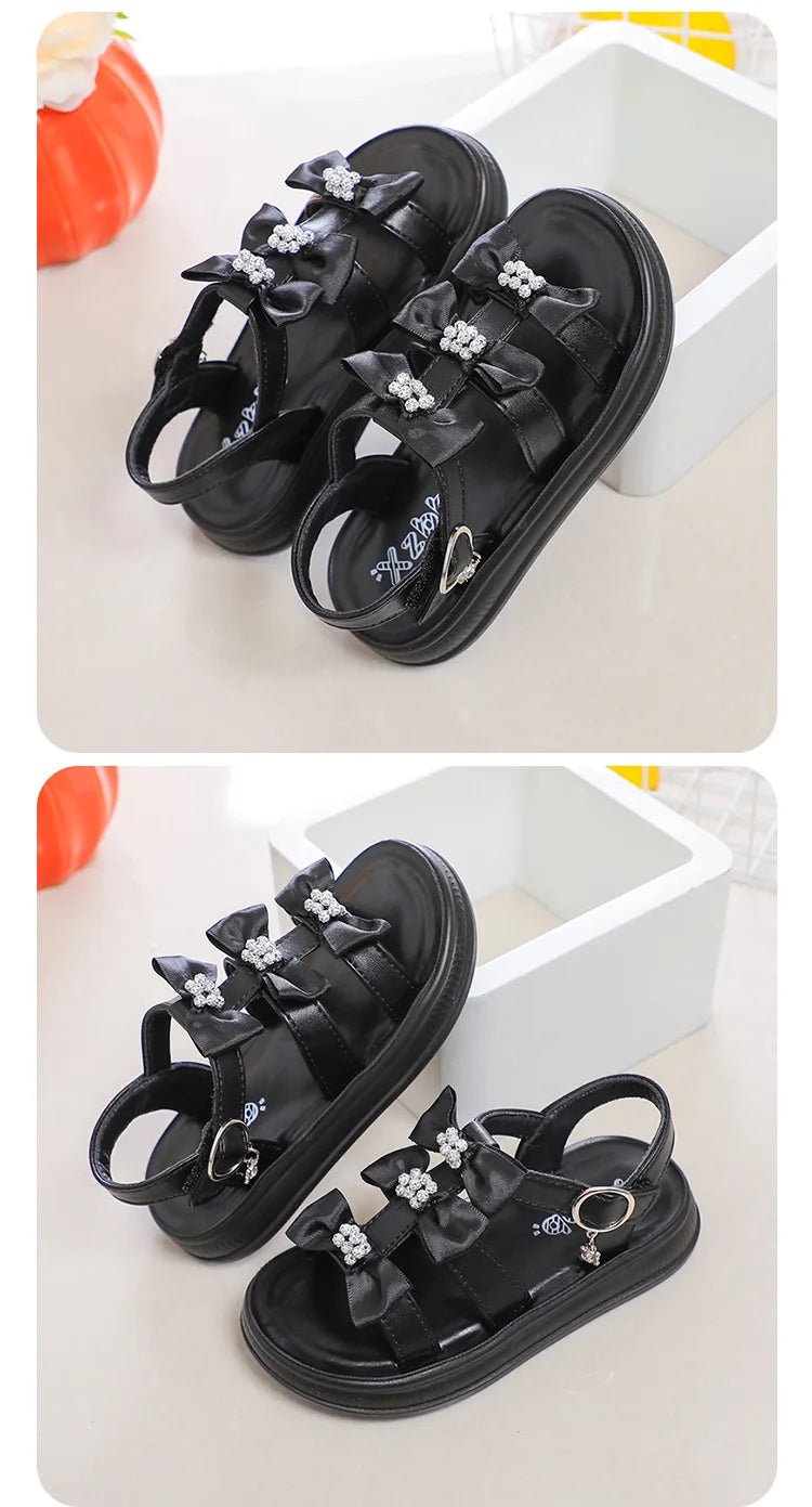 Girls Sandals with Sweet Bows Soft Sole Kids Beach Shoes Versatile 2025 Summer New Children Princess Shoes Casual Non-slip Cute